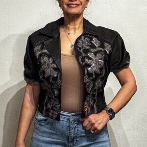 Omser Black Ombre Embroidered Short Puff Sleeve Jacket Sz S NWT